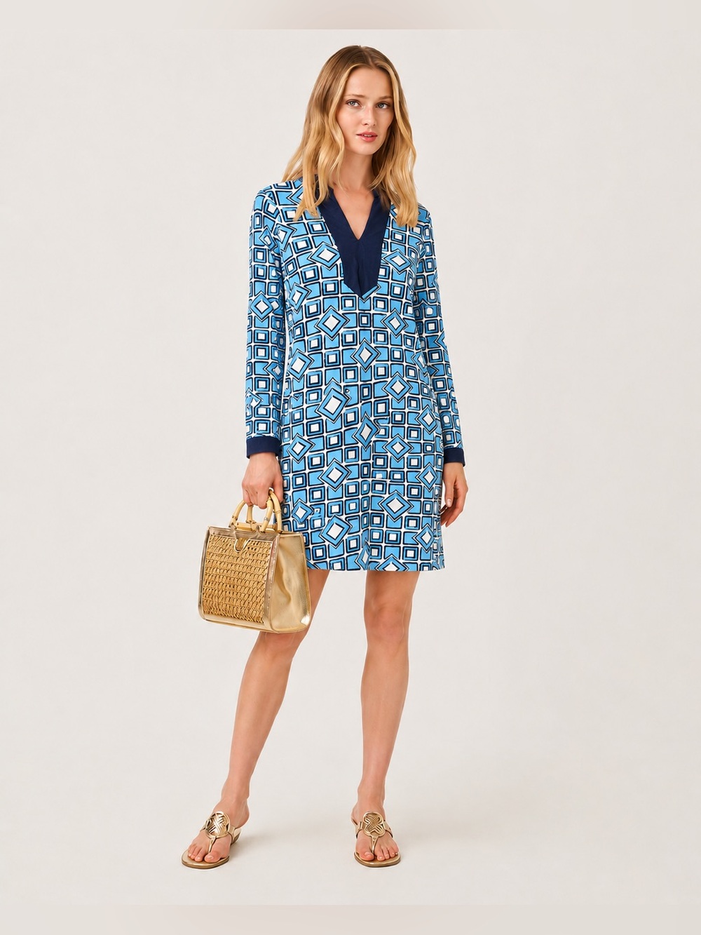 Mahi Gold Nautical Tunic Long Sleeve Dress Blue Size Large 1199